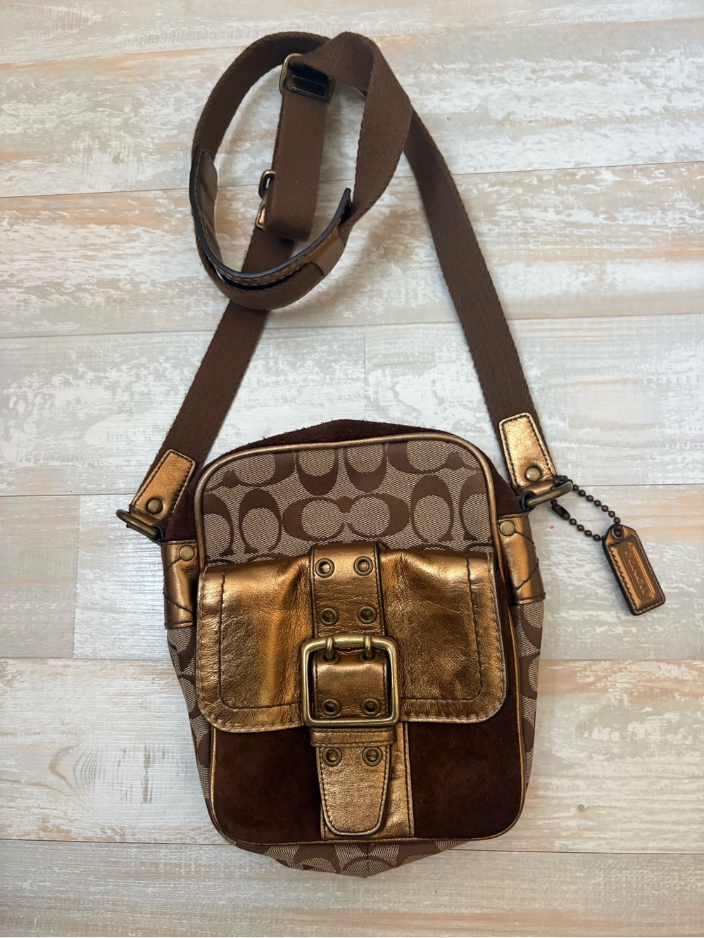 Coach Brown Signature Canvas Crossbody with Metallic Bronze Accents